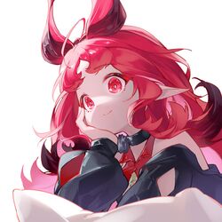  1girl arknights arm_support black_choker black_jacket choker closed_mouth commentary_request hand_on_own_chin heart heart_hair highres jacket jiusan_naitang long_hair long_sleeves nymph_(arknights) on_pillow pointy_ears puffy_sleeves red_eyes red_shirt redhead shirt simple_background smile solo upper_body white_background 