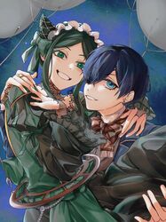  1boy 1girl bishounen blue_background blue_eyes blue_hair blue_jacket bow bowtie brown_bow brown_bowtie carrying carrying_person ciel_phantomhive cone_hair_bun dark_blue_hair dress earrings eyepatch fingerless_gloves frilled_hairband frills gloves gothic_lolita green_dress green_eyes green_hair green_hairband green_ribbon hair_bun hair_over_one_eye hairband hand_on_another&#039;s_shoulder highres jacket jewelry kuroshitsuji lolita_fashion long_hair long_sleeves looking_at_viewer plaid plaid_bow plaid_bowtie puffy_long_sleeves puffy_sleeves ribbon ring short_hair sidelocks sieglinde_sullivan smile solo swept_bangs teeth yumoshengge5232 