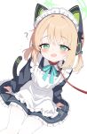  1girl :d ? @_@ absurdres animal_ear_headphones animal_ears apron arms_at_sides black_dress blonde_hair blue_archive blue_ribbon blush cat_ear_headphones cat_tail collar commentary dress dutch_angle fake_animal_ears fake_tail frilled_apron frills from_above green_eyes halo headphones highres knees_together_feet_apart leash long_sleeves looking_at_viewer low_twintails maid maid_headdress midori_(blue_archive) midori_(maid)_(blue_archive) neck_ribbon open_mouth pantyhose petticoat pleated_dress red_collar ribbon short_twintails sidelocks simple_background smile solo symbol-only_commentary tail thigh_gap twintails viewer_holding_leash white_apron white_background white_pantyhose yukisiannn 
