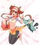  1girl :d absurdres bag breasts brown_hair collarbone commentary dewott double_bun green_eyes hair_bun highres holding_strap long_hair open_mouth pantyhose pink_bag pokemon pokemon_(creature) pokemon_bw2 raglan_sleeves rosa_(pokemon) shirt shoes short_shorts shorts smile sneakers symbol-only_commentary tongue twintails u4_99384295 visor_cap yellow_shorts 
