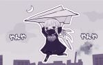  1girl black_dress black_leggings choujin_x cityscape dress flying holding holding_paper_airplane holding_scissors leggings mask mouth_mask paper_airplane pencil_15 ririka_umezawa scissors skyline smoke smokestack tower translation_request twintails 