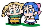  2girls :3 aged_down arms_behind_back belt bianca_(dq5) bkub blonde_hair blue_eyes blue_hair blush bow bracelet braid brown_footwear cape child closed_mouth dragon_quest dragon_quest_v dress earrings flora_(dq5) from_behind full_body green_cape hair_bow hair_pulled_back huge_bow jewelry long_hair looking_back multiple_girls orange_dress pink_bow standing twin_braids twintails white_background white_dress 