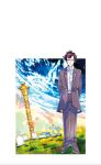  1boy amano_kozue arms_behind_back autumn black_footwear black_hair black_suit blue_sky character_request copyright_request gradient_sky graveyard highres looking_down non-web_source pensive sky standing suit tombstone 