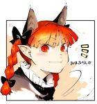  1girl animal_ears black_border black_bow black_dress border bow braid cat_ears collar commentary_request daitai_konna_kanji dress extra_ears frilled_collar frills hair_bow kaenbyou_rin looking_at_viewer notice_lines pointy_ears portrait red_eyes redhead slit_pupils smile solo touhou twin_braids white_background 