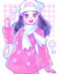  1girl :d bag beanie black_hair bright_pupils buttons clenched_hand coat commentary_request duffel_bag flower_(symbol) hair_ornament hairclip hand_up happy hat highres hikari_(pokemon) iro_(mywife_sunny) long_hair long_sleeves looking_at_viewer open_mouth pink_coat plaid plaid_background pokemon pokemon_dppt pokemon_platinum scarf sidelocks smile solo teeth upper_teeth_only white_bag white_hat white_pupils white_scarf 