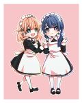  2girls :d alternate_costume apron aqua_eyes black_dress black_footwear blue_eyes blue_hair blue_ribbon blush border closed_mouth collared_dress commentary_request crossed_bangs dark_blue_hair dress enmaided full_body hair_ornament hair_ribbon highres hinoshita_kaho kanduki_kamibukuro light_frown link!_like!_love_live! long_hair long_sleeves looking_at_viewer love_live! low_twintails maid maid_apron maid_headdress mary_janes medium_dress medium_hair multiple_girls murano_sayaka open_mouth orange_hair pantyhose pink_background rabbit_hair_ornament ribbon shoes smile standing twintails two_side_up virtual_youtuber white_apron white_border white_pantyhose 