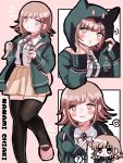  1girl bag blush breasts brown_hair collared_shirt danganronpa_(series) danganronpa_2:_goodbye_despair flipped_hair galaga hair_ornament hood hood_up ikemen&#039;na_ore-shi jacket long_sleeves looking_at_viewer medium_hair multiple_views nanami_chiaki neck_ribbon open_clothes open_jacket pink_eyes pink_ribbon ribbon shirt skirt smile thigh-highs white_shirt zettai_ryouiki 