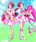  2girls :o absurdres animegao ankle_boots back_bow bob_cut boots bow bowtie brooch brown_hair choker commentary cosplay cure_blossom cure_grace dress hanadera_nodoka hanasaki_tsubomi healin&#039;_good_precure heart heart_brooch heartcatch_precure! high_heel_boots high_heels highres holding holding_mask in-franchise_crossover jacket jewelry kigurumi low_twintails magical_girl mask medium_dress mitsuki_tayura multiple_girls open_mouth pink_bow pink_bowtie pink_choker pink_dress pink_eyes pink_footwear pink_hair pink_jacket pouch precure puffy_short_sleeves puffy_sleeves redhead self_cosplay short_dress short_sleeves side-by-side smile sweatdrop twintails unworn_mask violet_eyes 