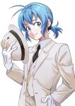  1boy antenna_hair black_nails black_necktie blue_eyes blue_hair earrings gloves hand_on_own_hip hat highres jewelry long_sleeves mado_cat02 mairimashita!_iruma-kun male_focus necktie short_ponytail simple_background smile solo standing suit suzuki_iruma unworn_hat unworn_headwear white_background white_gloves white_suit white_ves 