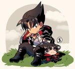  2boys black_footwear black_hair chibi chibi_only closed_mouth clouds collarbone commentary devil_jin dual_persona fingerless_gloves full_body gloves grey_shirt kazama_jin kotorai long_sleeves male_focus multiple_boys no_nose on_grass outdoors red_gloves shirt signature sitting size_difference sleeping spoken_zzz studded_gloves symbol-only_commentary tekken thick_eyebrows zzz 