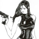  1girl bare_shoulders breasts commentary finger_on_trigger greyscale gun handgun holding holding_gun holding_weapon long_hair looking_to_the_side miss_jisu monochrome original simple_background sleeveless solo turtleneck weapon 