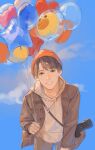  1boy absurdres balloon beanie blue_sky brown_coat brown_eyes brown_hair brown_sleeves buttons camera clouds coat collared_coat cowboy_shot day grey_pants grin hat heart_balloon highres holding holding_balloon hood hood_down hoodie leaning_forward long_sleeves looking_at_viewer male_focus mukai_kouji open_clothes open_coat orange_hat outdoors pants parted_bangs pocket qiji_lajiao real_life short_hair sky smile snow_man_(jpop) solo star_balloon white_hoodie 