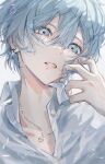  1boy absurdres bishounen blue_eyes blue_hair collared_shirt commentary earrings expressionless hair_between_eyes highres hoop_earrings jewelry light_blue_hair looking_at_viewer male_focus necklace original pale_skin parted_lips piercing pink_lips portrait sai_gumi shirt short_hair solo symbol-only_commentary teeth white_background white_shirt 