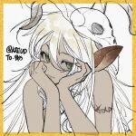  1girl animal_ears animal_skull arm_tattoo bad_bcy_id bad_id bare_arms bare_shoulders blonde_hair bored check_copyright closed_mouth commission copyright_request dark-skinned_female dark_skin deer_ears fingernails green_eyes hands_on_own_cheeks hands_on_own_face lips long_hair original partially_colored shirt skull_on_head sleeveless sleeveless_shirt solo tattoo traditional_media upper_body very_long_hair zhen_youdian_ganjue_xiangsi 