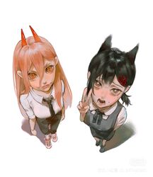  2girls black_necktie chainsaw_man cross-shaped_pupils crying demon_girl eulbhitomi from_above hair_between_eyes hair_ornament hairclip higashiyama_kobeni highres horns looking_at_viewer mole mole_on_cheek mole_under_eye mole_under_mouth multiple_girls multiple_moles necktie pink_eyes power_(chainsaw_man) red_horns sharp_teeth simple_background single_sidelock symbol-shaped_pupils teeth v white_background 