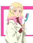  1girl :o alternate_costume blonde_hair braid cellphone coat commentary_request flower from_side gradient_hair hair_flower hair_ornament highres holding long_hair long_sleeves looking_at_viewer looking_to_the_side love_live! love_live!_superstar!! low-tied_long_hair multicolored_hair onitsuka_natsumi open_mouth phone pink_background pink_hair red_sweater sano_keiichi selfie_stick smartphone solo sweater turtleneck turtleneck_sweater twin_braids two-tone_background white_background white_coat white_flower 