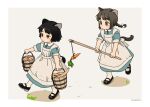  2girls akai_sashimi animal_ears apron aqua_dress artist_name black_eyes black_footwear black_hair border braid brown_eyes brown_hair bucket buttons carrot carrot_on_stick cat_ears cat_girl cat_tail collared_dress commentary dress eel full_body grey_background holding holding_bucket holding_stick long_hair mary_janes multiple_girls original outside_border pantyhose shoes short_hair short_sleeves simple_background standing stick symbol-only_commentary tail walking white_apron white_border white_pantyhose 