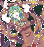  1girl breasts brown_dress brown_ribbon dress frilled_ribbon frills front_ponytail green_background green_eyes green_hair hair_ribbon kagiyama_hina looking_at_viewer medium_breasts medium_hair ribbon row_(akatuki) simple_background solo touhou 