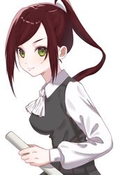  1girl ascot green_eyes high_ponytail highres holding_shinai kimi_no_koto_ga_dai_dai_dai_dai_daisuki_na_100-nin_no_kanojo long_hair long_sleeves looking_at_viewer puffy_long_sleeves puffy_sleeves redhead shirt simple_background smile solo torotoro_kishika upper_body vgvgkuwvpwp5ogp white_ascot white_background white_shirt 