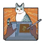  1other absurdres animal_collar animal_focus border cat closed_mouth collar colored_sclera drawing_(action) drawing_tablet emphasis_lines fingernails highres holding holding_stylus itou_shizu looking_at_viewer orange_background original pov stylus tabby_cat white_border yellow_sclera 