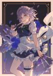  1girl apron between_fingers blue_dress blue_eyes braid clock collared_shirt dress frilled_apron frilled_dress frills grey_hair hair_between_eyes highres holding holding_knife izayoi_sakuya knife knives_between_fingers lazuri7 maid maid_headdress pocket_watch shirt short_hair short_sleeves solo touhou twin_braids waist_apron watch white_apron white_shirt 