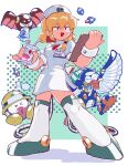  1girl absurdres android blonde_hair breasts bubble_bat cable dress drink green_background hat highres holding medium_breasts mega_man_(classic) mega_man_(series) met_(mega_man) nurse nurse_cap red_eyes robot_girl roll_(mega_man) short_hair srnhuyuno stitched_face stitches thigh-highs white_dress white_thighhighs 