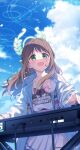  1girl :d airi_(band)_(blue_archive) blue_archive blue_jacket blue_sky blurry bow brown_hair clouds cloudy_sky commentary_request depth_of_field green_eyes hair_bow hair_ribbon halo highres ima_(lm_ew) instrument jacket keyboard_(instrument) long_hair long_sleeves looking_at_viewer music official_alternate_costume official_alternate_hairstyle open_clothes open_jacket outdoors parted_bangs playing_instrument pleated_skirt print_shirt ribbon shirt sidelocks skirt sky smile solo sweat t-shirt white_shirt white_skirt 