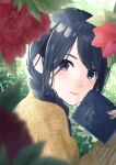  1girl absurdres black_hair blue_eyes blurry blurry_foreground book braid brown_sweater closed_mouth eyelashes flower french_text from_side highres holding holding_book long_hair long_sleeves looking_at_viewer miko35 original red_flower smile solo sweater translation_request 