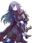  1girl absurdres armor blue_cape blue_eyes blue_gloves blue_hair brand_of_the_exalt cape closed_mouth expressionless fingerless_gloves fire_emblem fire_emblem_awakening gloves hair_between_eyes highres long_hair long_sleeves looking_to_the_side lucina_(fire_emblem) red_cape sheath sheathed shoulder_armor solo sword symbol_in_eye tbjj1208 tiara two-tone_cape weapon white_background 