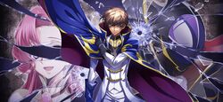  1girl 2boys adjusting_cape adjusting_clothes arm_at_side artist_request black_gloves black_shirt blue_cape broken_glass bullet_hole cape closed_mouth coat code_geass code_geass:_lost_stories euphemia_li_britannia game_cg glass gloves gold_trim green_eyes hand_up high_collar highres inset jacket kururugi_suzaku long_sleeves looking_at_viewer male_focus military_uniform multiple_boys non-web_source official_art pants serious shirt sidelocks standing two-sided_cape two-sided_fabric uniform v-shaped_eyebrows white_coat white_jacket white_pants zero_(code_geass) 