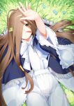  1girl blue_capelet blue_flower bow brown_eyes brown_hair capelet commentary_request dress flower grass hair_over_one_eye highres leaf long_bangs long_hair sense_(sousou_no_frieren) solo sousou_no_frieren very_long_hair white_bow white_dress wide_sleeves wo_chi_xiangjiao_pi 