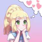  1girl blonde_hair blunt_bangs blush braid closed_mouth commentary_request eyelashes gradient_background green_eyes hands_up head_rest highres imagining lillie_(pokemon) long_hair looking_up mizuumi_(bb) pokemon pokemon_sm raised_eyebrows shirt short_sleeves smile solo split_mouth thought_bubble white_shirt 