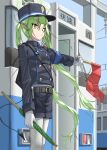  1girl arai_kogane belt black_belt black_hat blue_archive blue_sky blush commentary_request day demon_tail flag gloves green_hair green_halo halo hat highres holding holding_flag long_hair long_sleeves nozomi_(blue_archive) outdoors pantyhose peaked_cap pointy_ears sky solo standing tail twintails walkie-talkie white_gloves white_pantyhose yellow_eyes 