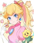  1girl 1other ayaka_00709 blonde_hair blue_eyes bow brooch cookie dress earrings elbow_gloves food gloves hair_bow heart highres holding holding_food jewelry light_smile medium_hair official_alternate_hairstyle open_mouth pink_bow pink_dress ponytail princess_peach princess_peach:_showtime! puffy_short_sleeves puffy_sleeves short_sleeves sphere_earrings stella_(peach) super_mario_bros. upper_body white_gloves 