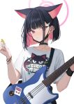  1girl absurdres animal_ears black_choker black_hair black_mask blue_archive blush cat_ears cat_girl choker clothes_writing collarbone colored_inner_hair electric_guitar extra_ears eyes_visible_through_hair guitar hair_ornament hairclip halo highres holding holding_instrument instrument kazusa_(band)_(blue_archive) kazusa_(blue_archive) looking_at_viewer mask mask_pull mouth_mask multicolored_hair pink_hair pink_halo red_eyes shirt short_sleeves simple_background solo t-shirt two-tone_hair underline_(yuki154cm) white_background white_shirt 