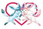  blue_eyes blue_fur bow glaceon heart kam_0514 looking_at_viewer no_humans one_eye_closed open_mouth pink_fur pokemon pokemon_(creature) ribbon simple_background sylveon tail two-tone_fur white_background white_fur 