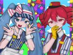  2girls artist_name blue_eyes blue_hair bow drill_hair hair_bow hand_on_own_face hands_up hatsune_miku highres kasane_teto long_hair looking_at_viewer mesmerizer_(vocaloid) multiple_girls open_mouth pixiv_username red_eyes redhead sharp_teeth skellychan sweat synthesizer_v teeth twin_drills vocaloid 