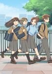  1boy 3girls ^_^ absurdres backpack bag black_socks blue_shirt blue_sky blush brown_cardigan brown_eyes brown_hair cardigan cityscape closed_eyes closed_mouth clouds collared_shirt day full_body hair_ornament hairclip hand_in_pocket highres holding holding_bag kojiro337 long_hair looking_at_another mary_janes multiple_girls open_mouth original outdoors pants pleated_skirt ponytail railing school_bag shirt shoes short_hair shoulder_bag skirt sky smile socks teeth tree walking white_socks 