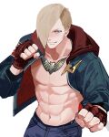  1boy abs asymmetrical_hair blonde_hair blue_eyes blue_jacket clenched_hands denim ed_(street_fighter) fighting_stance fingerless_gloves gloves gold_necklace hair_over_one_eye hexermer highres hood hoodie jacket jeans jewelry male_chest male_focus necklace open_clothes open_hoodie pants red_gloves simple_background smile solo street_fighter street_fighter_6 toned toned_male white_background 