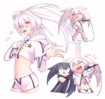  2girls black_jacket black_rock_shooter black_rock_shooter_(character) black_rock_shooter_(game) blue_eyes boots hood hooded_jacket jacket long_hair mehyuew39 microphone midriff multiple_girls music musical_note red_eyes shorts singing star_(symbol) twintails uneven_twintails white_footwear white_hair white_jacket white_rock_shooter white_shorts 