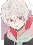  1boy alternate_costume gnosia grey_eyes grey_hair hair_between_eyes highres hood hoodie light_smile looking_at_viewer male_focus open_mouth remnan_(gnosia) short_hair simple_background solo sweater user_wahs4747 violet_eyes 