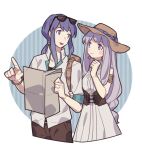  1boy 1girl :d black-framed_eyewear blue_background blue_eyes blue_hair border brown_hat brown_pants closed_mouth collared_shirt commentary cropped_legs earrings eyewear_on_head fire_emblem fire_emblem:_genealogy_of_the_holy_war haconeri hat holding holding_map jewelry julia_(fire_emblem) long_hair map outside_border pants purple_hair round_border seliph_(fire_emblem) shirt smile star_(symbol) star_earrings sun_hat sunglasses symbol-only_commentary violet_eyes white_border white_shirt 