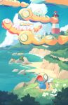  absurdres alternate_color artist_name closed_eyes clouds commentary dudunsparce dunsparce evolutionary_line flower flying highres lighthouse no_humans on_grass open_mouth outdoors pokemon pokemon_(creature) shiny_pokemon symbol-only_commentary taplaos twitter_username water white_flower 