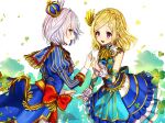  2girls :d bad_id bad_twitter_id blonde_hair blue_coat blue_dress braid clover coat cowboy_shot crown crown_braid dress eye_contact face-to-face gambe gloves gold_trim green_eyes grey_hair hair_between_eyes hand_up holding_hands idol_clothes juliet_sleeves long_hair long_sleeves looking_at_another midorikaze_fuwari mini_crown multiple_girls open_mouth pretty_series pripara puffy_sleeves reverse_trap shikyoin_hibiki short_hair smile standing swept_bangs violet_eyes white_background white_gloves 
