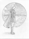  1girl border cape full_body graphite_(medium) greyscale long_hair long_sleeves looking_to_the_side monochrome ocean original outdoors ship sketch skirt solo standing terrymooreart traditional_media watercraft white_border 