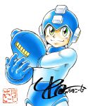  1boy android arm_cannon artist_logo blue_bodysuit blue_helmet bodysuit cowboy_shot green_eyes helmet highres idetsuki_kouji mega_buster mega_man_(character) mega_man_(classic) mega_man_(series) signature simple_background smile solo weapon white_background 