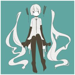  1girl absurdres blue_background blue_eyes border detached_hair detached_sleeves dripping full_body halftone hatsune_miku highres honomanbo limited_palette long_hair long_sleeves looking_to_the_side no_shoes pantyhose polka_dot polka_dot_shirt shirt sitting solo twintails very_long_hair vocaloid 