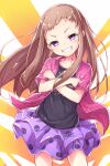  1girl black_shirt blush brown_hair clenched_teeth collarbone cowboy_shot crossed_arms dot_nose head_tilt idolmaster idolmaster_cinderella_girls koseki_reina kuresuku_(lessons) long_hair looking_at_viewer open_clothes open_shirt pink_shirt purple_skirt shirt short_bangs short_sleeves sidelocks skirt solo standing straight_hair teeth v-shaped_eyebrows violet_eyes 