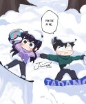  1boy 1girl absurdres artist_name black_gloves black_hair black_pants character_name chibi commentary english_text flower full_body gloves goggles green_jacket hair_flower hair_ornament highres holding_hands j_humbo jacket komi-san_wa_komyushou_desu komi_shouko long_hair looking_to_the_side lying no_mouth no_nose on_back outstretched_arms pants purple_hair purple_jacket short_hair signature ski_goggles snow_on_body snow_on_head snowboard sweat tadano_hitohito violet_eyes 
