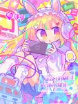  1girl animal_ears blonde_hair blue_skirt commission controller fake_animal_ears game_boy game_console game_controller hair_ornament handheld_game_console headphones highres holding holding_handheld_game_console hood long_hair long_sleeves looking_at_viewer nintendo_switch original rabbit_ears richard_(richaball) skeb_commission skirt socks solo 
